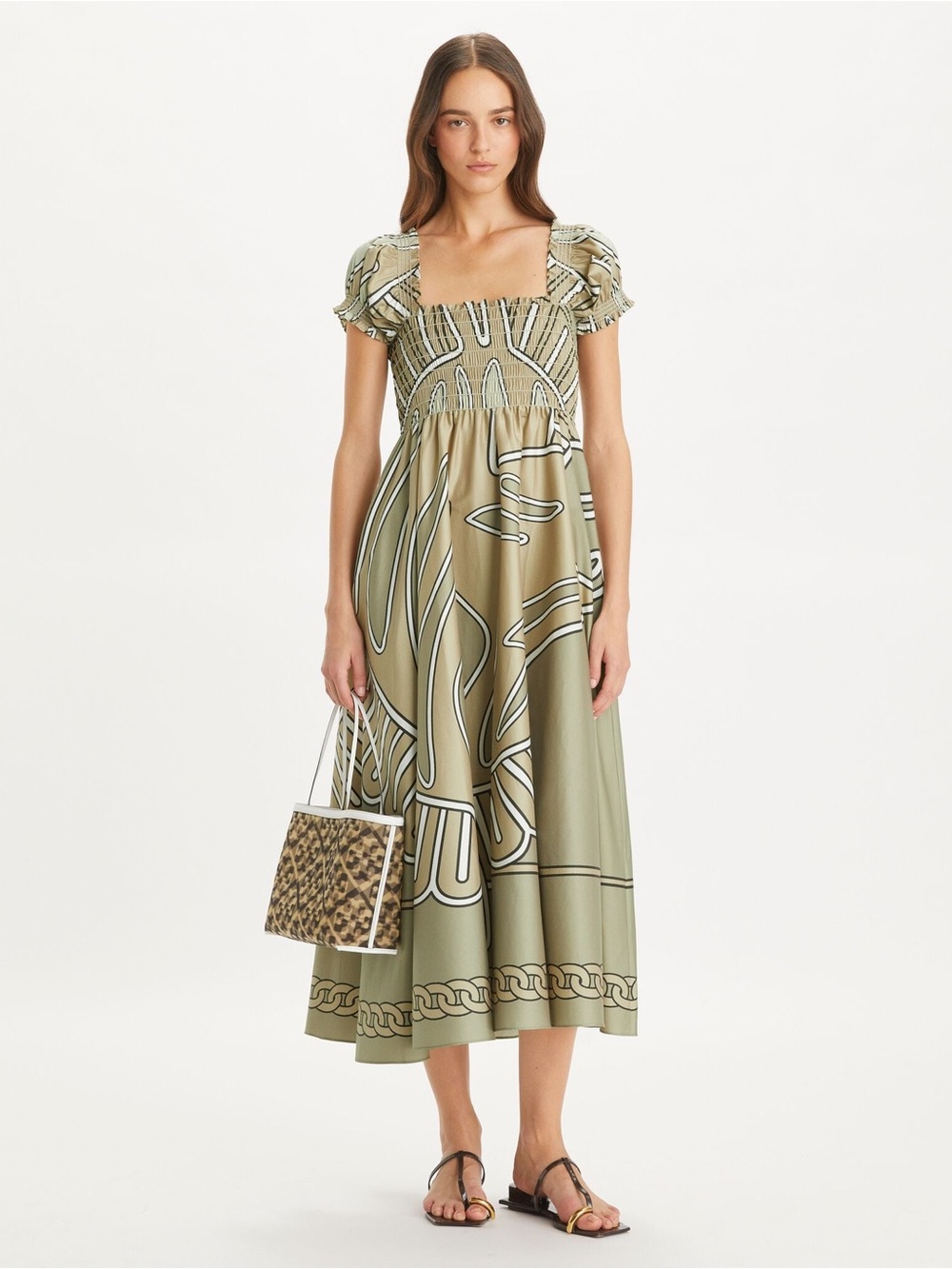 New Tory Burch Print Smocked Cotton Dress